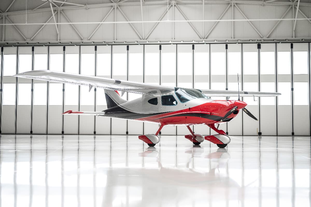 Bristell B8 front quarter view inside the hangar